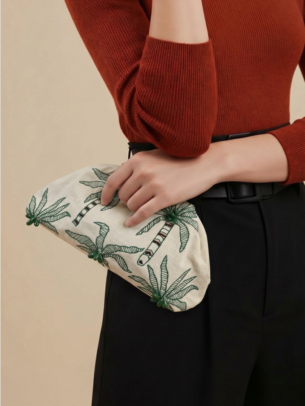 Canvas Palm-Print Clutch Bag in Cream and Green